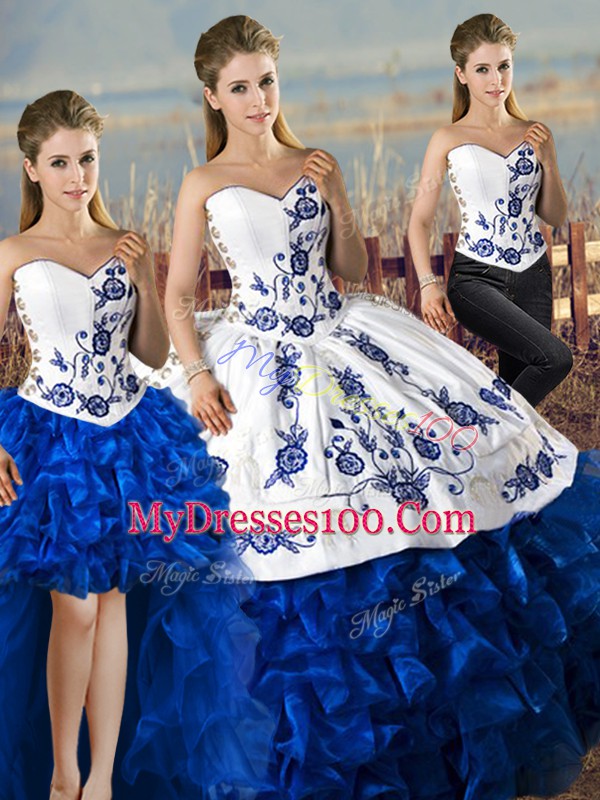 Pretty Sleeveless Organza Lace Up Sweet 16 Dresses in Blue And White with Embroidery and Ruffles