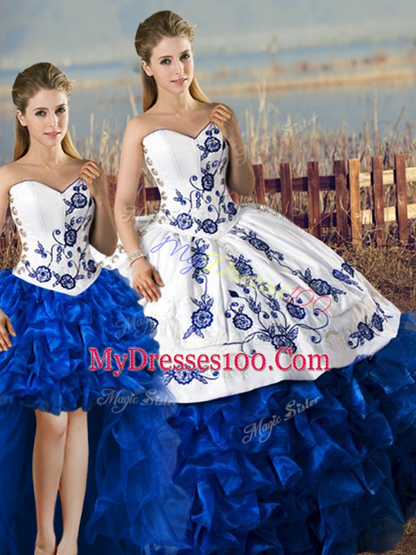 Pretty Sleeveless Organza Lace Up Sweet 16 Dresses in Blue And White with Embroidery and Ruffles