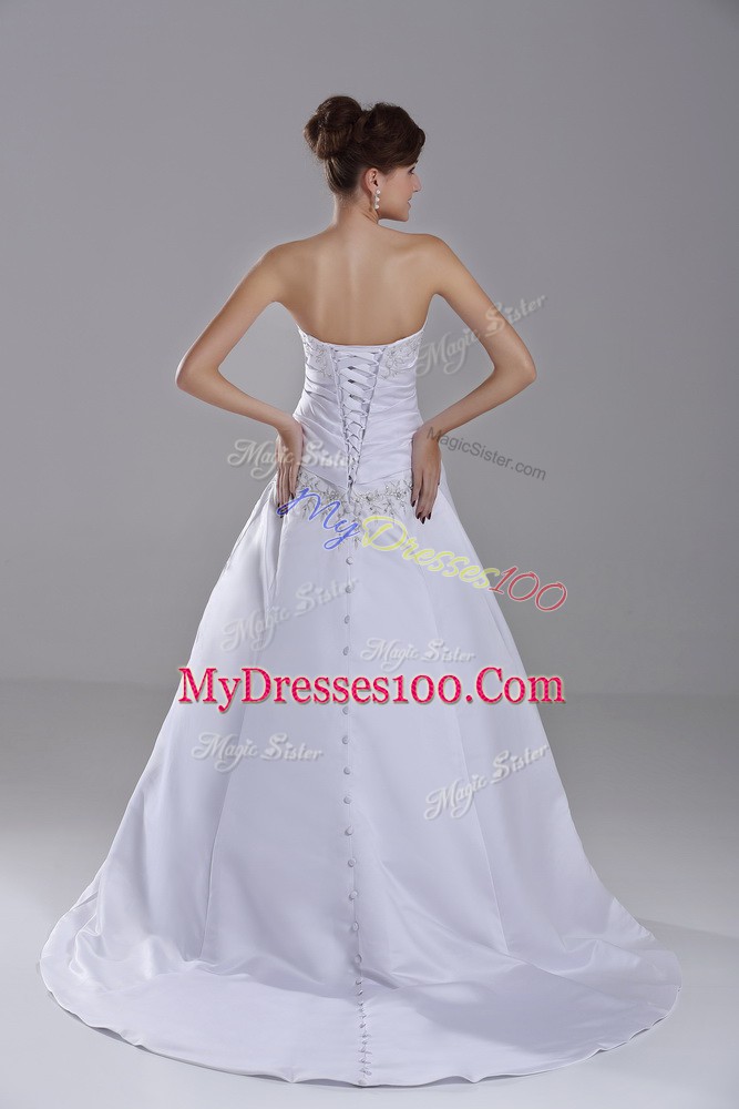 Custom Design White Ball Gowns Strapless Sleeveless Taffeta Brush Train Lace Up Embroidery Wedding Dresses