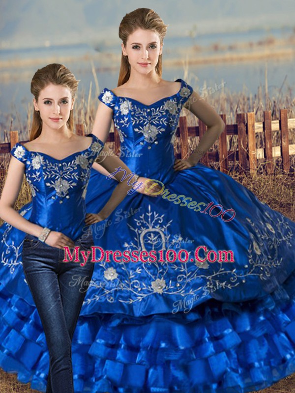 Royal Blue Lace Up Off The Shoulder Embroidery and Ruffled Layers Sweet 16 Dresses Satin and Organza Sleeveless