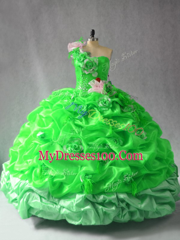 Low Price Sleeveless Floor Length Pick Ups and Hand Made Flower Lace Up 15th Birthday Dress with