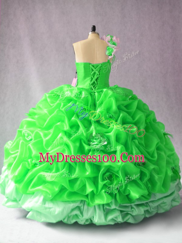 Low Price Sleeveless Floor Length Pick Ups and Hand Made Flower Lace Up 15th Birthday Dress with