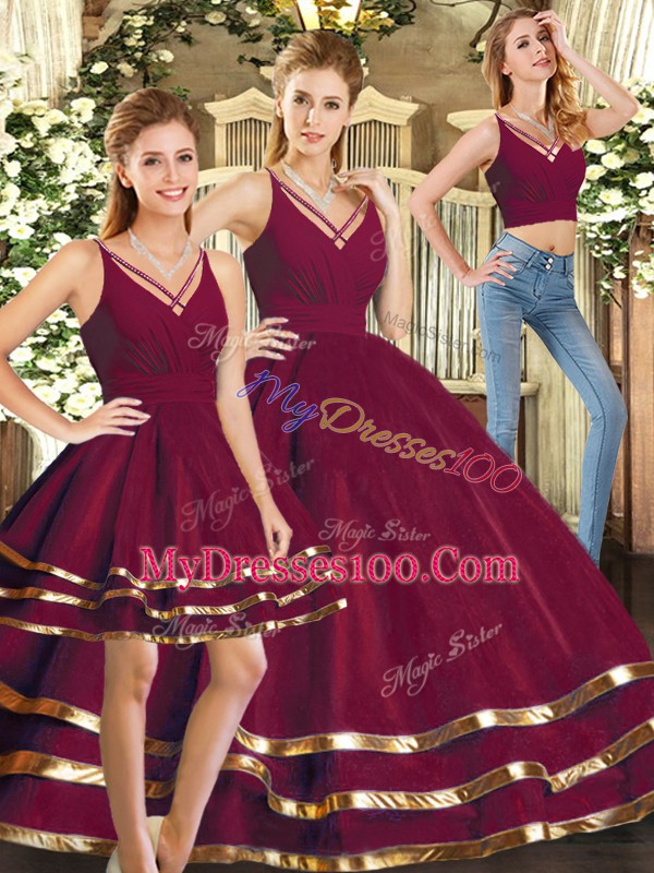 Ruffled Layers Quince Ball Gowns Burgundy Backless Sleeveless Floor Length