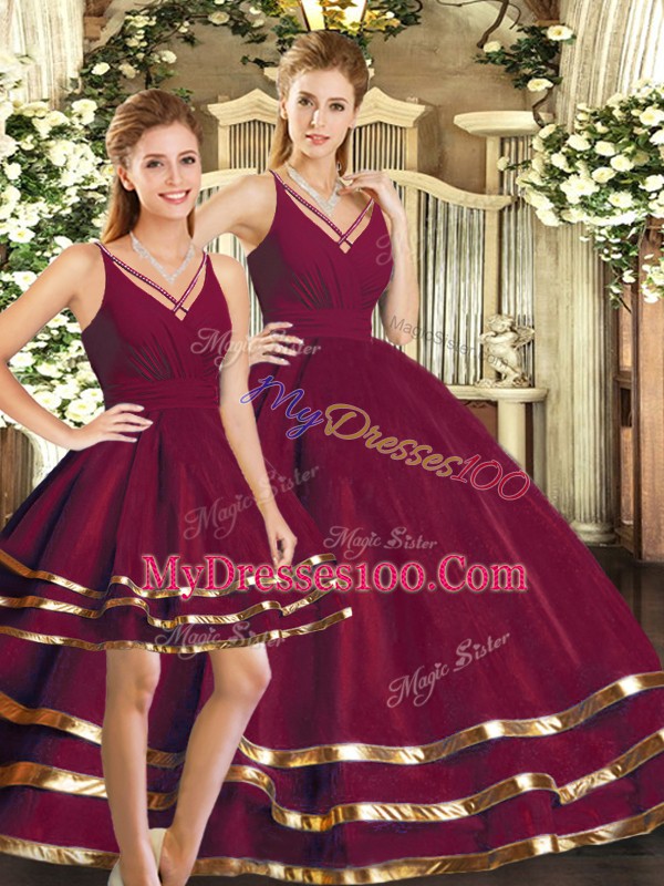 Ruffled Layers Quince Ball Gowns Burgundy Backless Sleeveless Floor Length