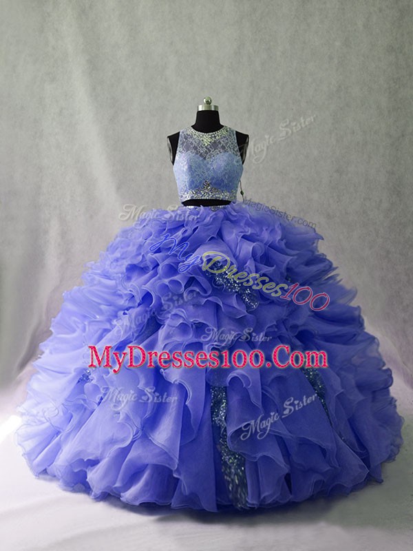Lavender Organza Zipper Scoop Sleeveless Quinceanera Gown Brush Train Ruffles and Sequins