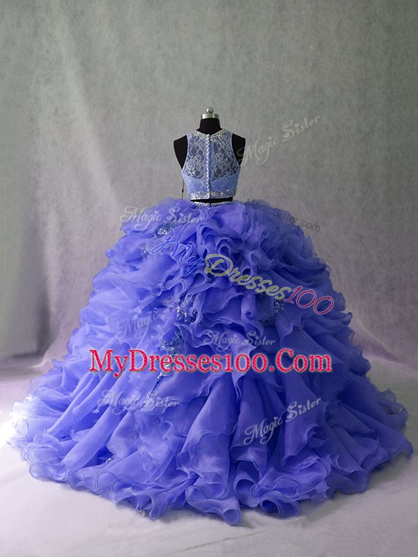 Lavender Organza Zipper Scoop Sleeveless Quinceanera Gown Brush Train Ruffles and Sequins