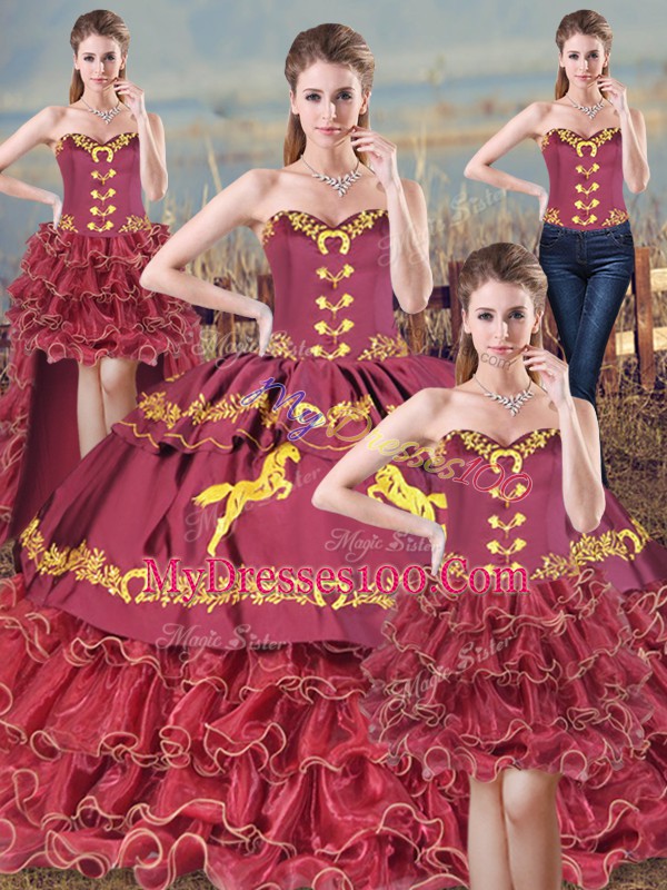Burgundy Lace Up Sweetheart Embroidery 15 Quinceanera Dress Organza Sleeveless Brush Train
