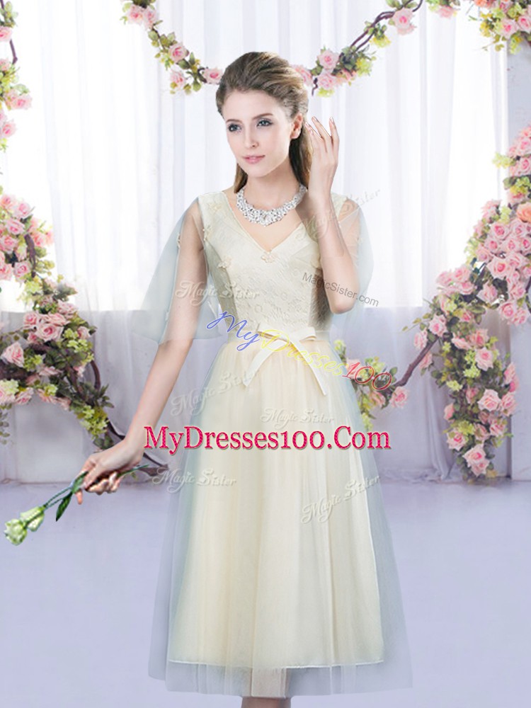 Nice Champagne Sleeveless Tea Length Lace and Bowknot Lace Up Wedding Party Dress