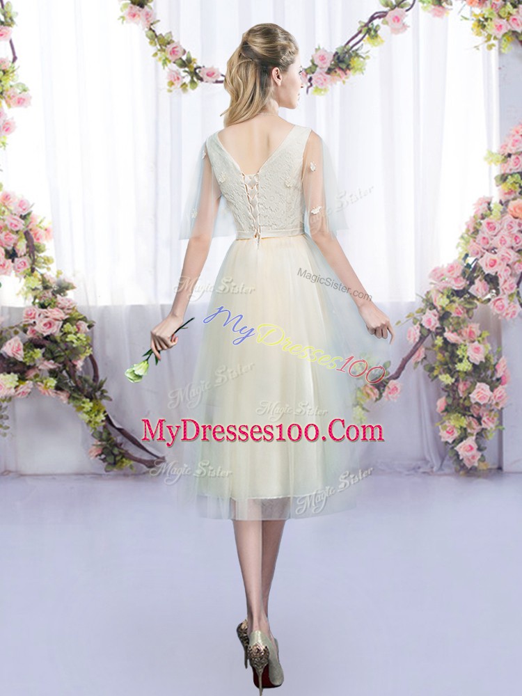 Nice Champagne Sleeveless Tea Length Lace and Bowknot Lace Up Wedding Party Dress