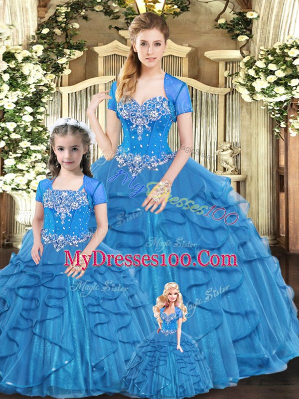 Extravagant Blue Tulle Lace Up Vestidos de Quinceanera Sleeveless Floor Length Beading and Ruffles