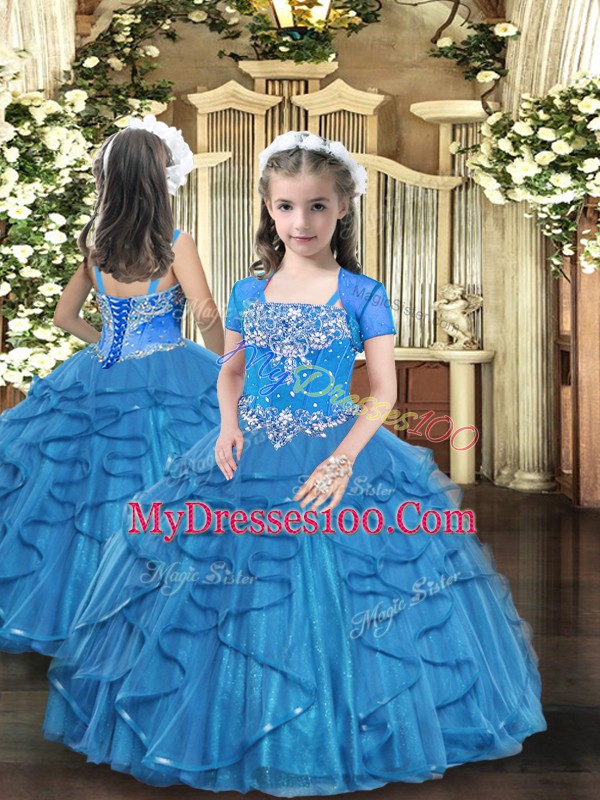 Extravagant Blue Tulle Lace Up Vestidos de Quinceanera Sleeveless Floor Length Beading and Ruffles