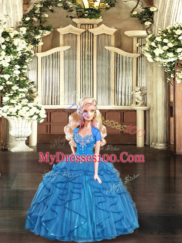Extravagant Blue Tulle Lace Up Vestidos de Quinceanera Sleeveless Floor Length Beading and Ruffles