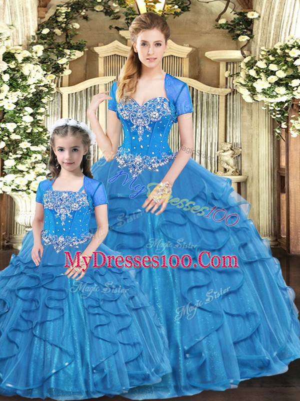 Extravagant Blue Tulle Lace Up Vestidos de Quinceanera Sleeveless Floor Length Beading and Ruffles