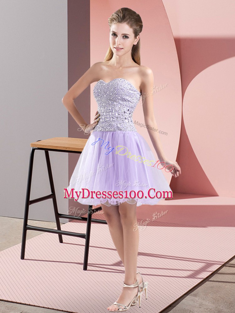 Stunning Sweetheart Sleeveless Homecoming Dress Mini Length Beading Lavender Tulle