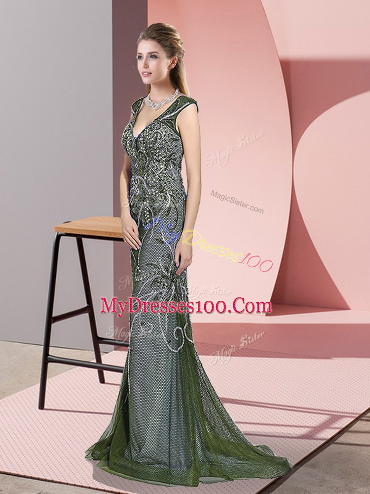 Olive Green Zipper V-neck Beading Tulle Sleeveless Sweep Train