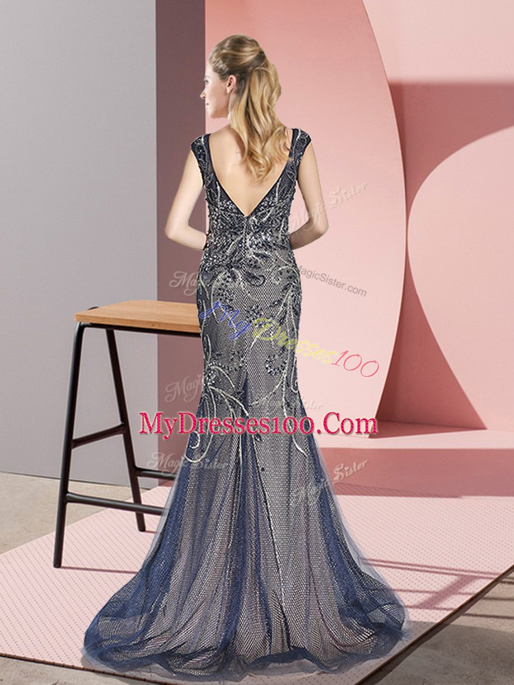 Olive Green Zipper V-neck Beading Tulle Sleeveless Sweep Train