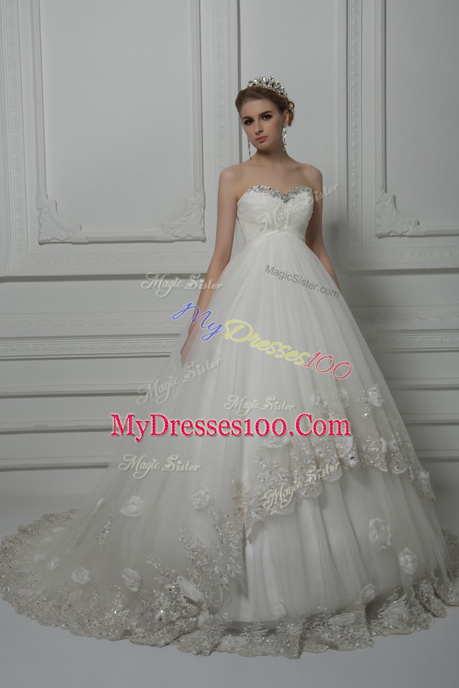 Dynamic Sweetheart Sleeveless Tulle Wedding Dress Beading and Lace and Hand Made Flower Court Train Lace Up