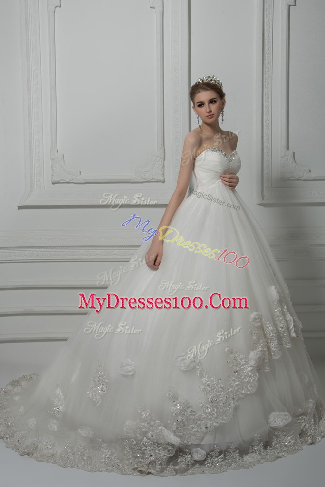 Dynamic Sweetheart Sleeveless Tulle Wedding Dress Beading and Lace and Hand Made Flower Court Train Lace Up