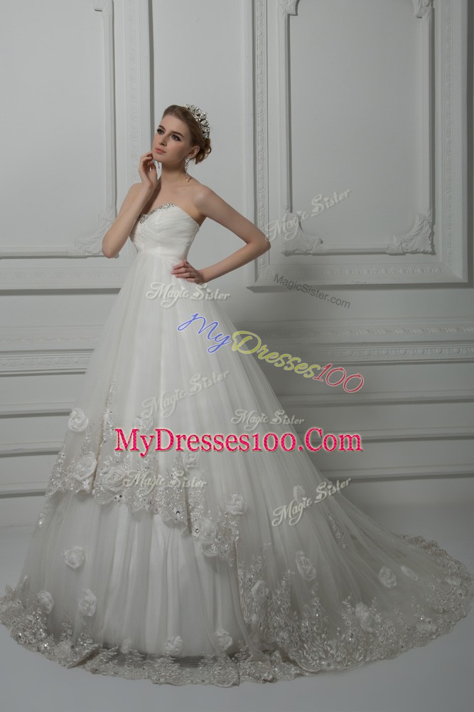 Dynamic Sweetheart Sleeveless Tulle Wedding Dress Beading and Lace and Hand Made Flower Court Train Lace Up