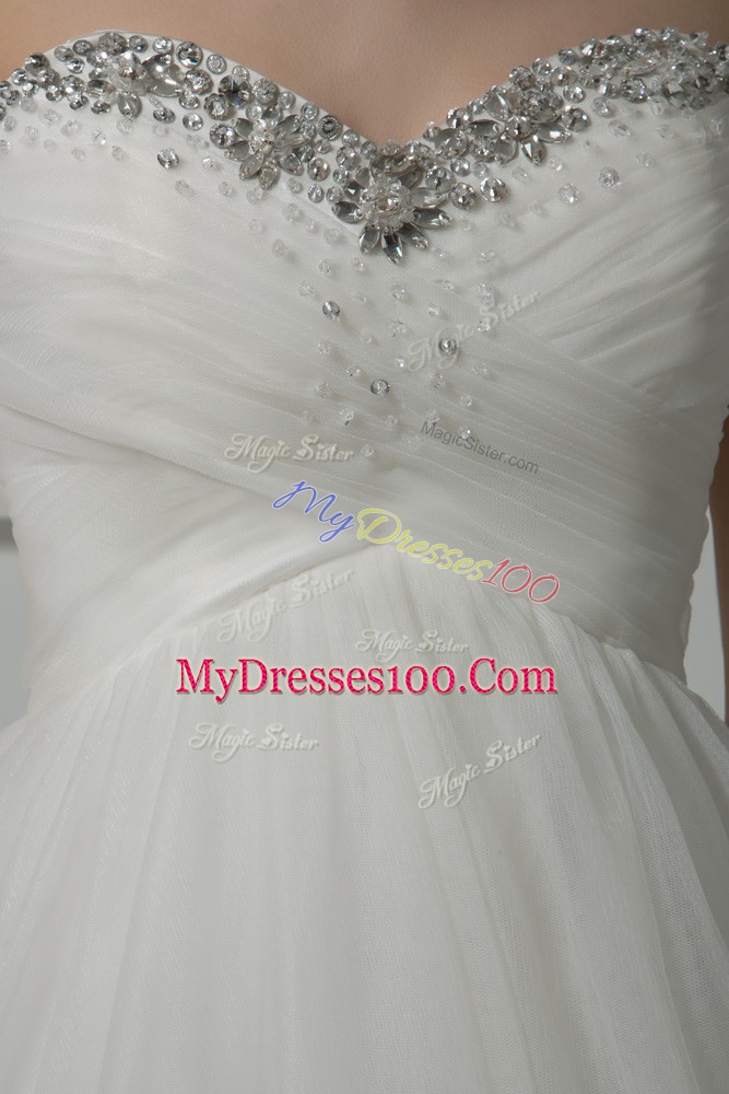 Dynamic Sweetheart Sleeveless Tulle Wedding Dress Beading and Lace and Hand Made Flower Court Train Lace Up