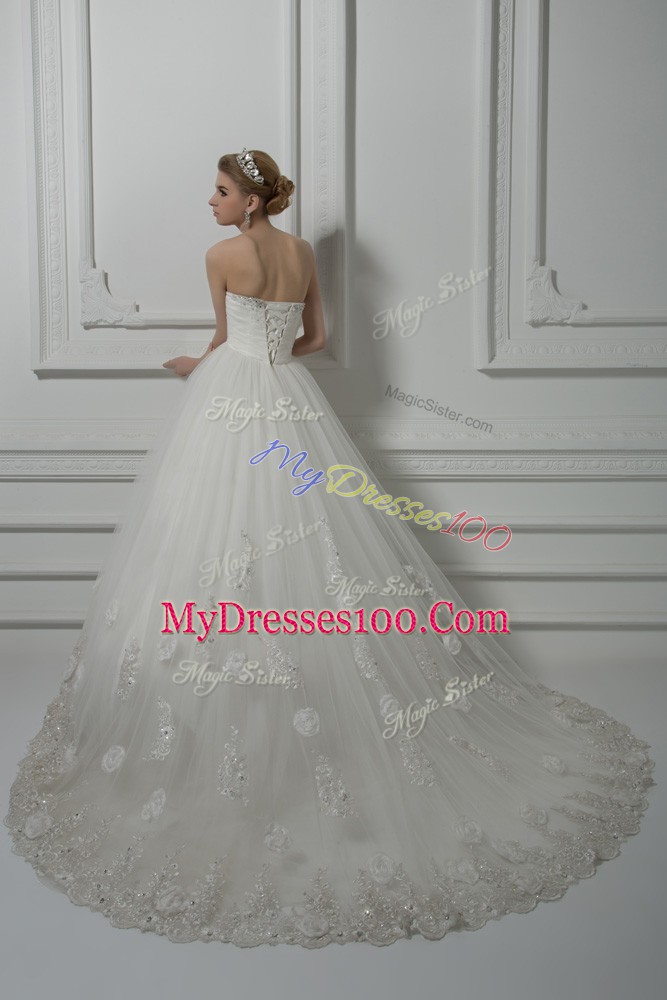 Dynamic Sweetheart Sleeveless Tulle Wedding Dress Beading and Lace and Hand Made Flower Court Train Lace Up