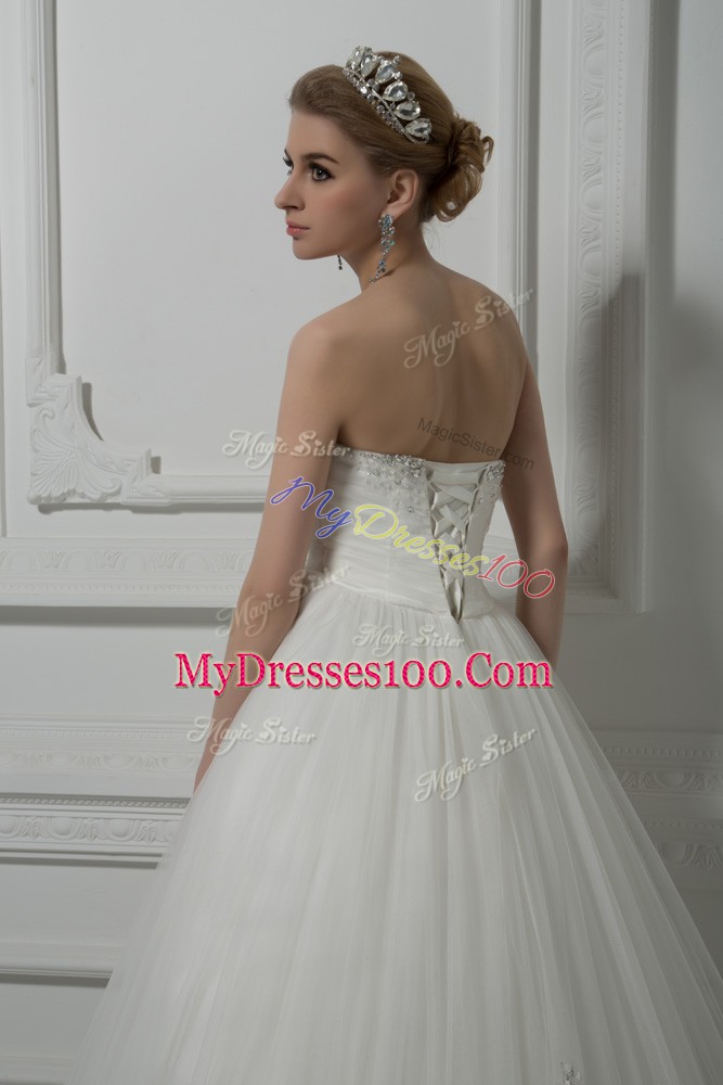 Dynamic Sweetheart Sleeveless Tulle Wedding Dress Beading and Lace and Hand Made Flower Court Train Lace Up
