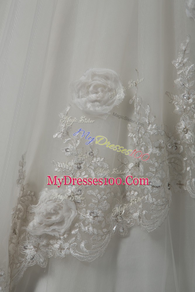 Dynamic Sweetheart Sleeveless Tulle Wedding Dress Beading and Lace and Hand Made Flower Court Train Lace Up