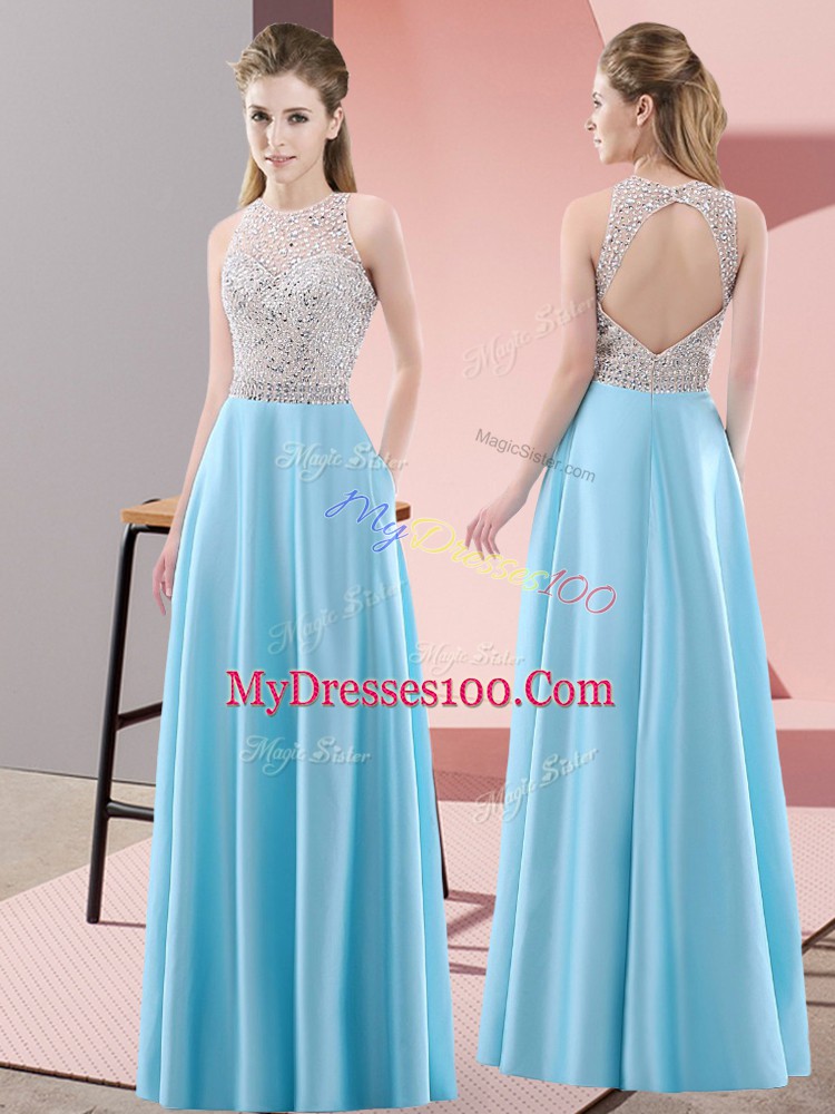 Baby Blue Backless Scoop Beading Prom Dress Satin Sleeveless