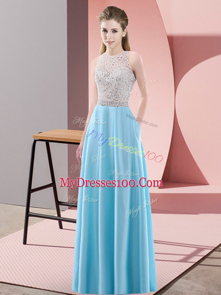 Baby Blue Backless Scoop Beading Prom Dress Satin Sleeveless