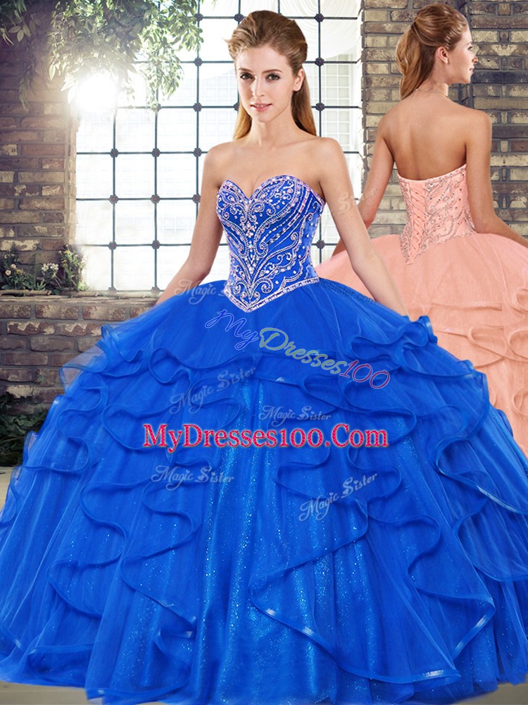 Three Pieces Quinceanera Gowns Royal Blue Sweetheart Tulle Sleeveless Floor Length Lace Up