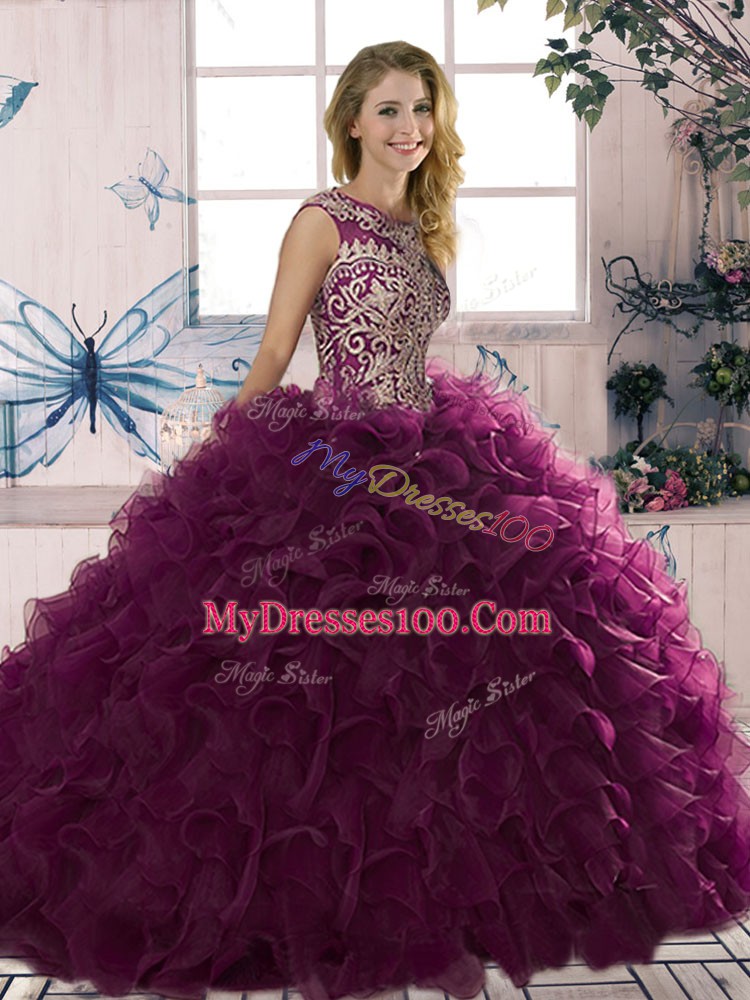 Scoop Sleeveless Organza Sweet 16 Dress Beading and Ruffles Lace Up