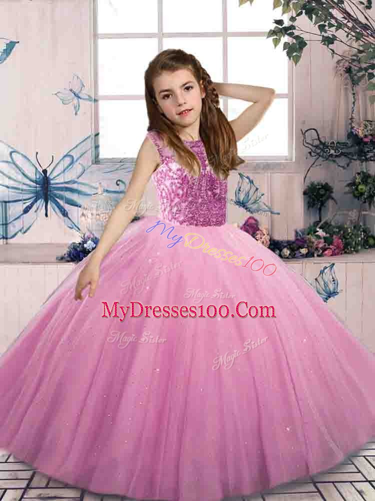 Elegant Lilac Ball Gowns Beading Little Girl Pageant Gowns Lace Up Tulle Sleeveless Floor Length