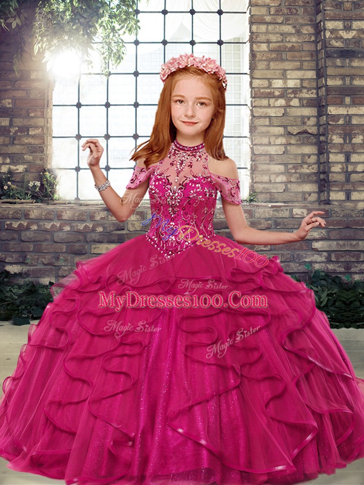 Hot Sale Fuchsia Tulle Lace Up Sleeveless Floor Length Kids Pageant Dress Beading and Ruffles