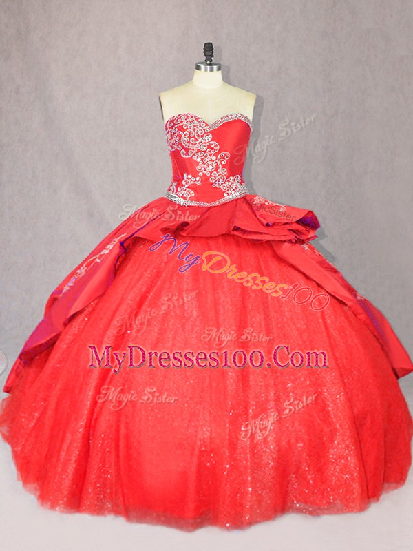 Red Sweetheart Lace Up Embroidery Quinceanera Gown Court Train Sleeveless