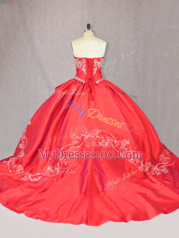 Red Sweetheart Lace Up Embroidery Quinceanera Gown Court Train Sleeveless
