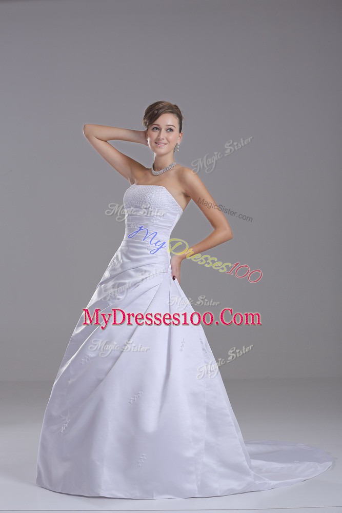 Modest White Bridal Gown Taffeta Brush Train Sleeveless Beading
