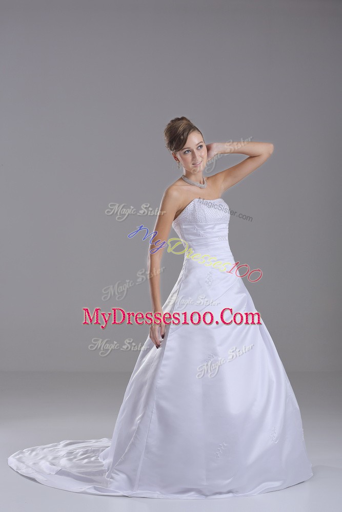 Modest White Bridal Gown Taffeta Brush Train Sleeveless Beading