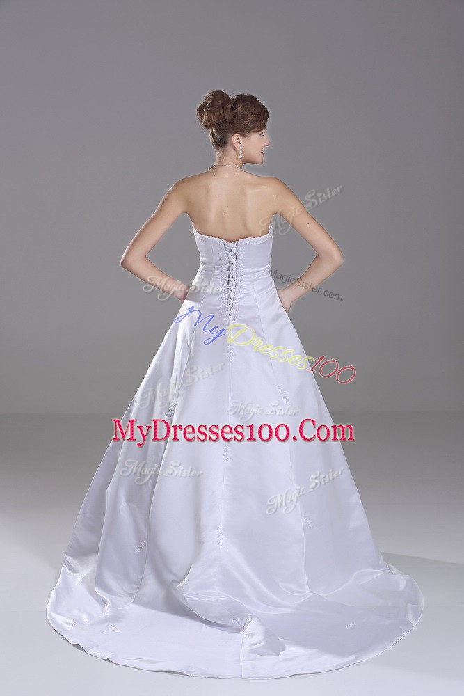 Modest White Bridal Gown Taffeta Brush Train Sleeveless Beading
