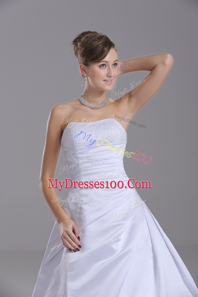 Modest White Bridal Gown Taffeta Brush Train Sleeveless Beading