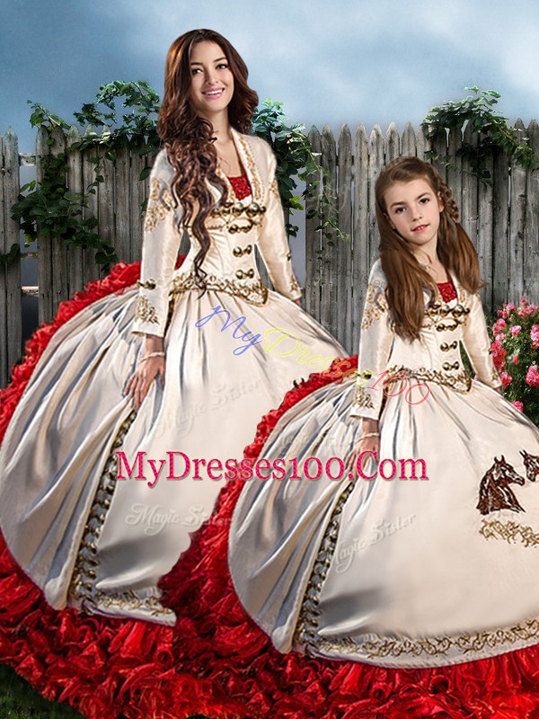 Fashion Floor Length Ball Gowns Sleeveless White And Red Quinceanera Dress Lace Up