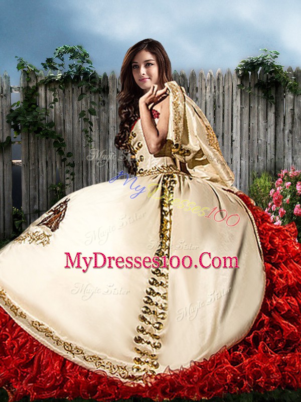 Fashion Floor Length Ball Gowns Sleeveless White And Red Quinceanera Dress Lace Up