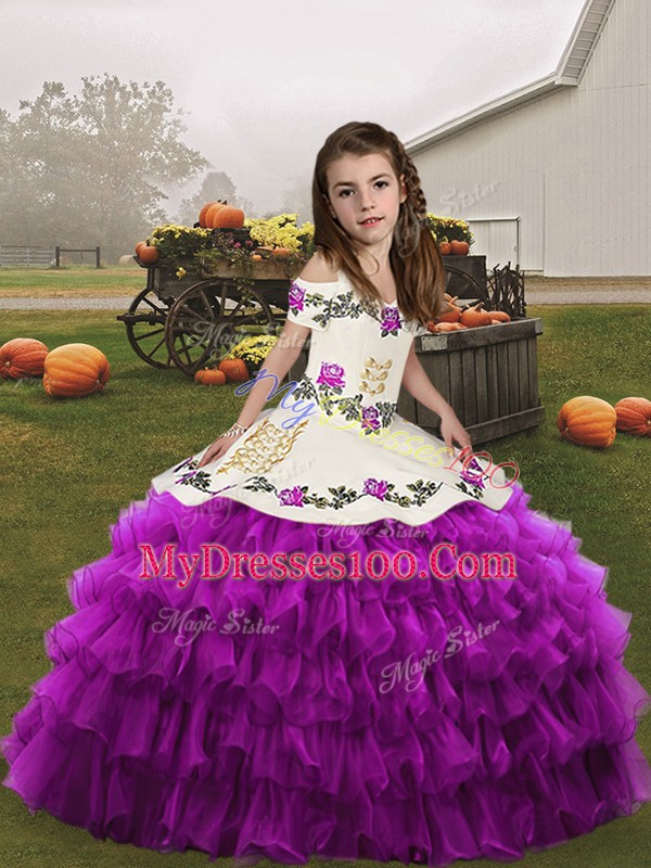 Straps Sleeveless Lace Up Pageant Dress for Teens Purple Organza