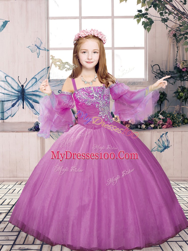 Lovely Lilac Sleeveless Beading Floor Length Little Girls Pageant Gowns
