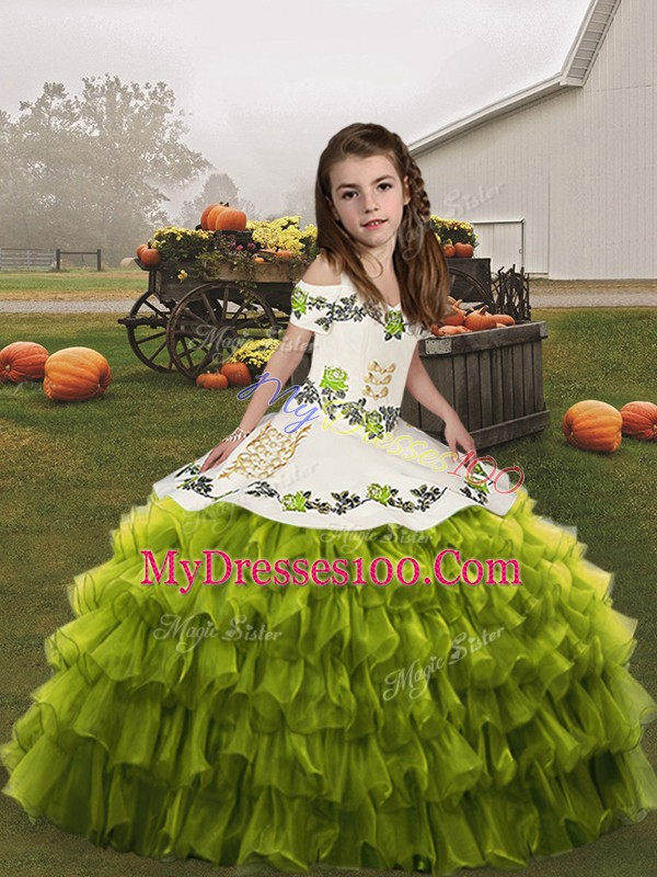 High Quality Straps Sleeveless Lace Up Little Girl Pageant Dress Olive Green Organza