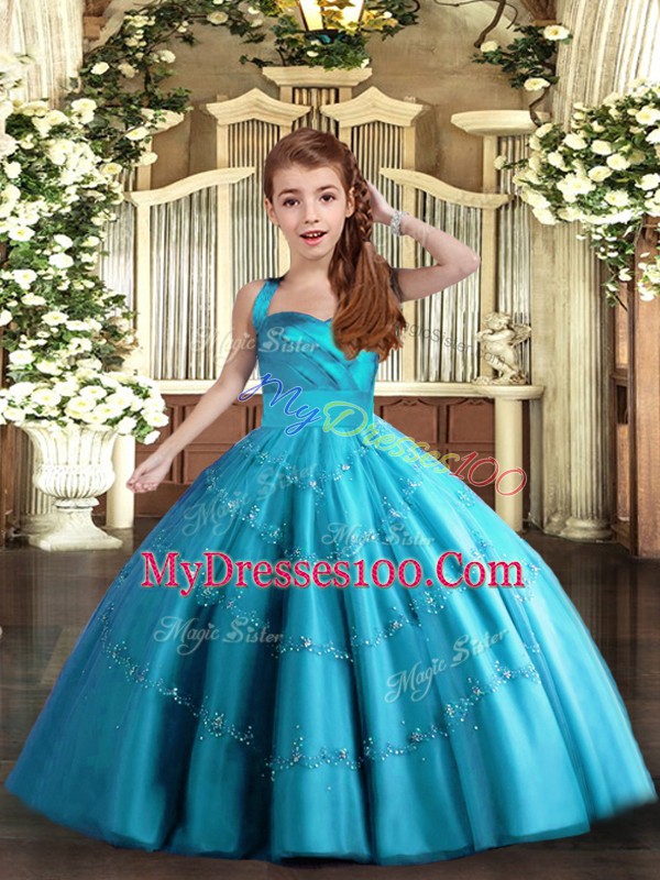 Custom Designed Baby Blue Ball Gowns Straps Sleeveless Tulle Floor Length Lace Up Beading Little Girl Pageant Gowns