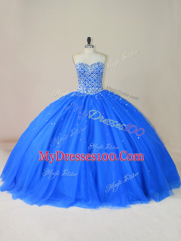Romantic Blue Tulle Lace Up Sweetheart Sleeveless Floor Length Quinceanera Dresses Beading