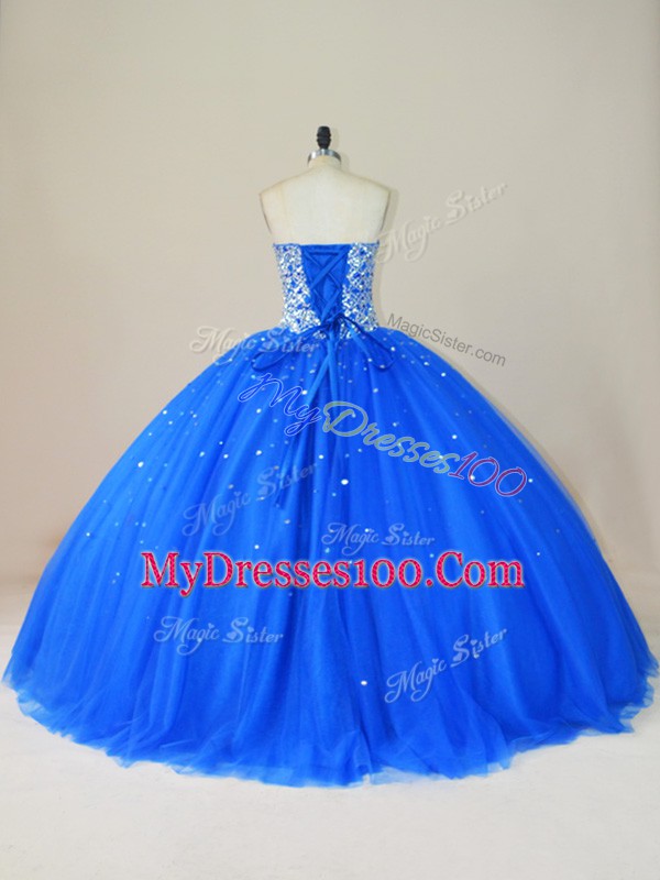Romantic Blue Tulle Lace Up Sweetheart Sleeveless Floor Length Quinceanera Dresses Beading