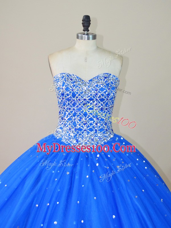 Romantic Blue Tulle Lace Up Sweetheart Sleeveless Floor Length Quinceanera Dresses Beading