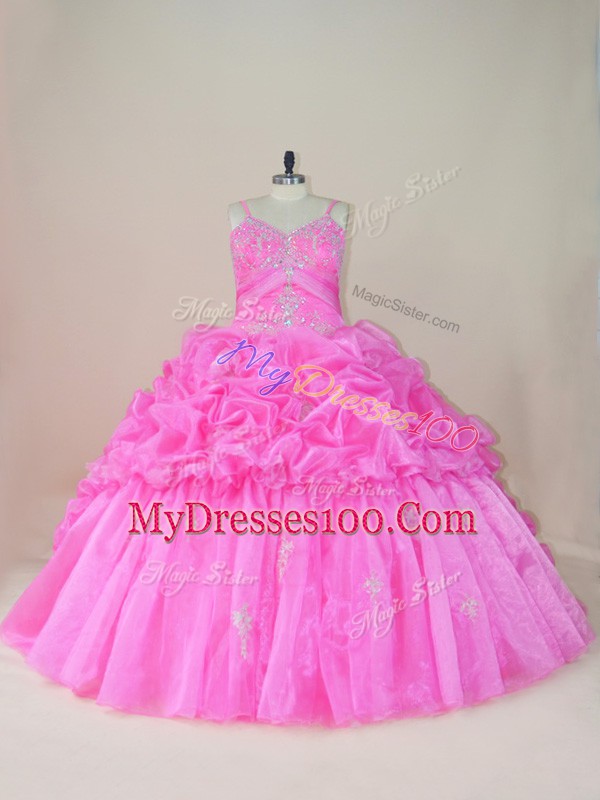 Lovely Baby Pink Ball Gowns Organza and Taffeta Straps Sleeveless Beading and Appliques and Pick Ups Lace Up Quinceanera Gown Brush Train