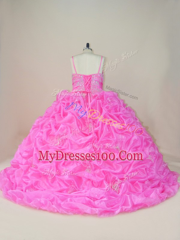 Lovely Baby Pink Ball Gowns Organza and Taffeta Straps Sleeveless Beading and Appliques and Pick Ups Lace Up Quinceanera Gown Brush Train